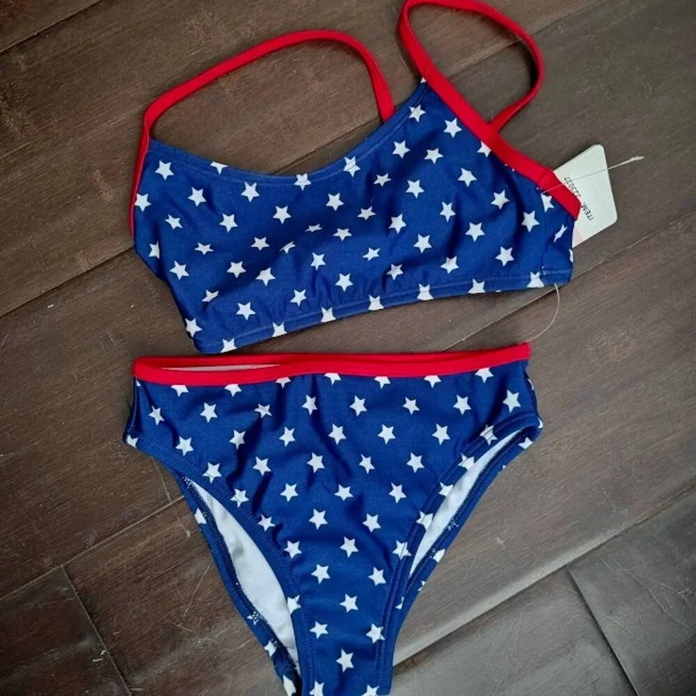 Brand New Speedo Girls 2PC Red White Blue 4th of July Bikini Size 10 - Picture 1 of 3